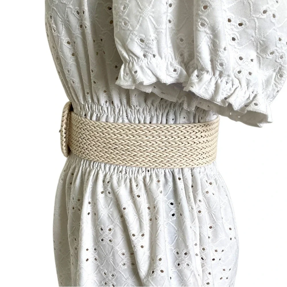 Natural Woven Faux Straw Wide Waist Belt Chunky Round Buckle Cottage Boho summer